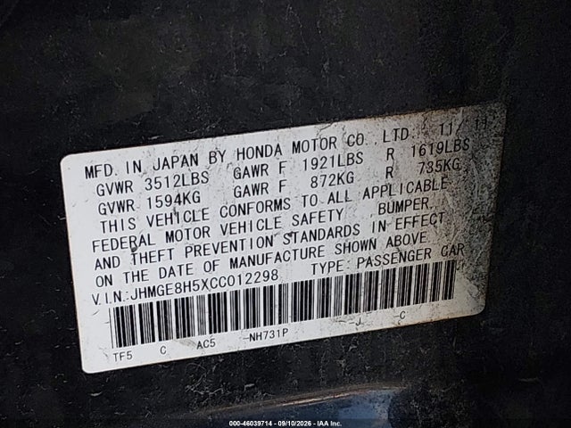 46039714 :رقم المزاد ، JHMGE8H5XCC012298 vin ، 2012 Honda Fit Sport مزاد بيع