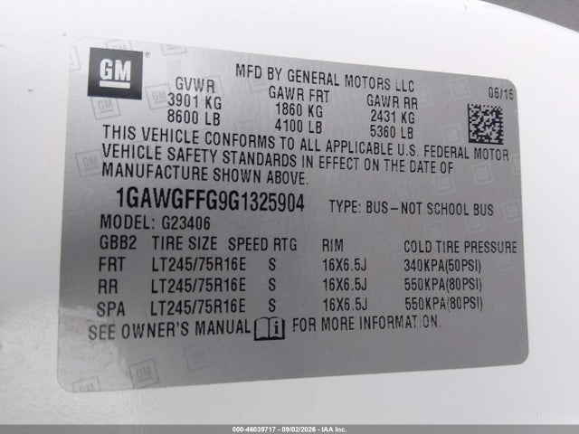 Aukcja sprzedaży 2016 Chevrolet Express 2500 Lt, vin: 1GAWGFFG9G1325904, numer aukcji: 46039717