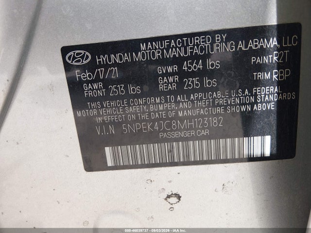 2021 Hyundai Sonata N Line მანქანა იყიდება აუქციონზე, vin: 5NPEK4JC8MH123182, აუქციონის ნომერი: 46039737