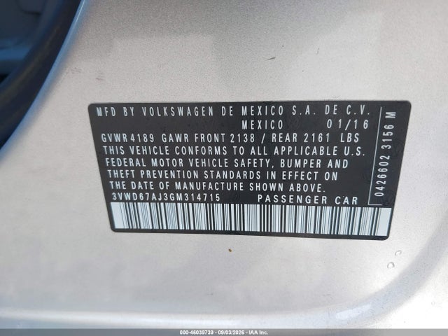 Aukcja sprzedaży 2016 Volkswagen Jetta 1.4t Se, vin: 3VWD67AJ3GM314715, numer aukcji: 46039739