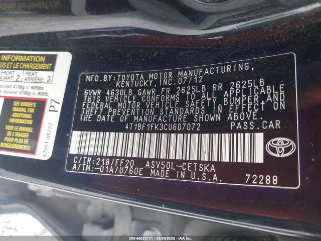 2012 Toyota Camry Se მანქანა იყიდება აუქციონზე, vin: 4T1BF1FK3CU607072, აუქციონის ნომერი: 46039741