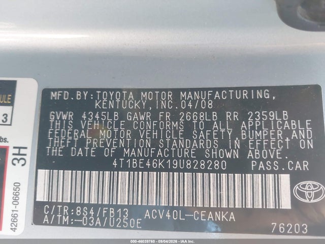 46039760 :رقم المزاد ، 4T1BE46K19U828280 vin ، 2009 Toyota Camry Le مزاد بيع