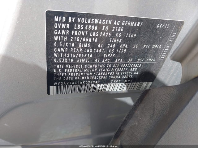 Продажа на аукционе авто 2017 Volkswagen Tiguan 2.0t/2.0t S, vin: WVGAV7AX3HK038943, номер лота: 46039761