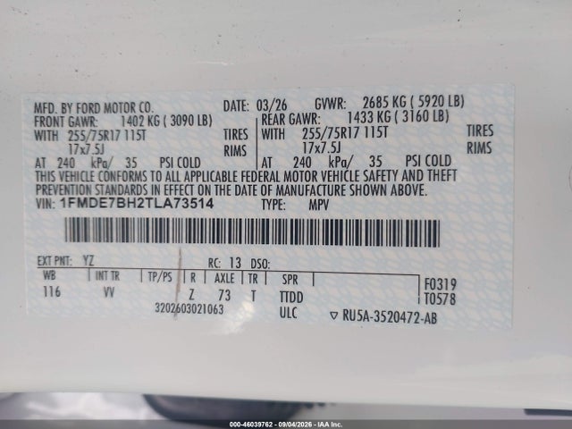 46039762 :رقم المزاد ، 1FMDE7BH2TLA73514 vin ، 2026 Ford Bronco Big Bend مزاد بيع
