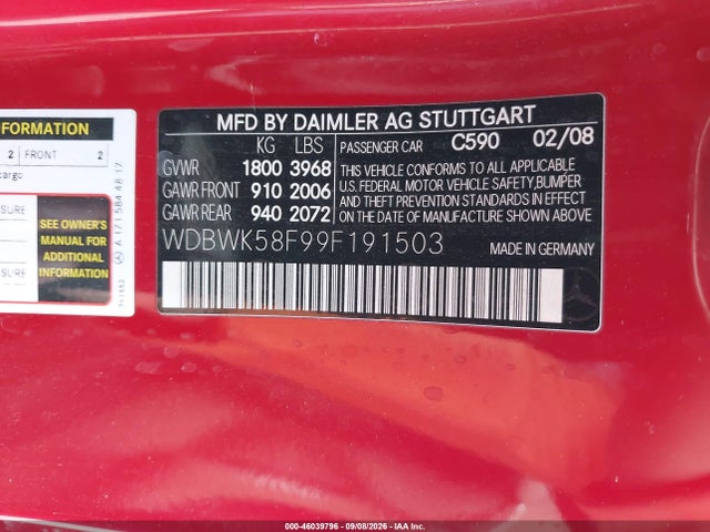 Aukcja sprzedaży 2009 Mercedes-benz Slk 350, vin: WDBWK58F99F191503, numer aukcji: 46039796