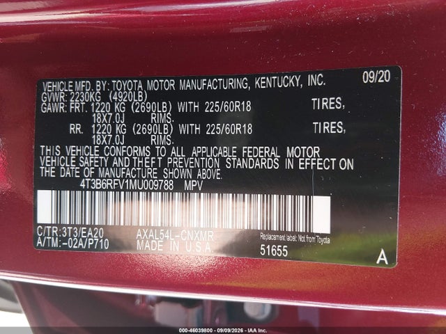 Aukcja sprzedaży 2021 Toyota Rav4 Hybrid Xle Premium, vin: 4T3B6RFV1MU009788, numer aukcji: 46039800