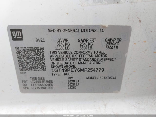 Продаж на аукціоні авто 2021 Gmc Sierra 2500hd, vin: 1GT49PEY6MF254779, номер лоту: 46039801