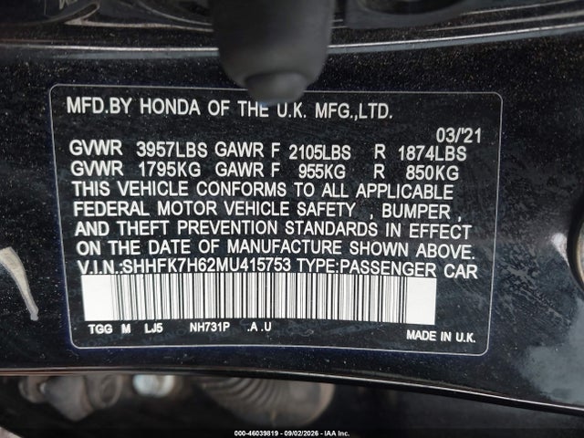 46039819 :رقم المزاد ، SHHFK7H62MU415753 vin ، 2021 Honda Civic Ex مزاد بيع