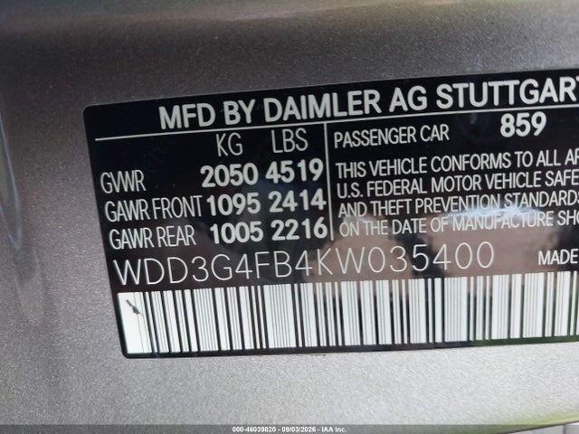 Aukcja sprzedaży 2019 Mercedes-benz A 220 4matic, vin: WDD3G4FB4KW035400, numer aukcji: 46039820