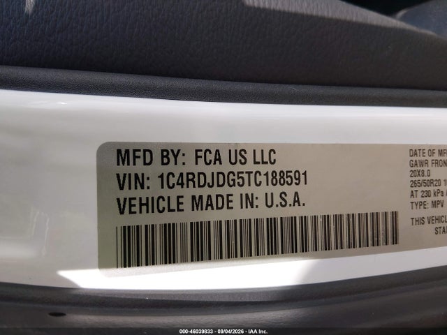 46039833 :رقم المزاد ، 1C4RDJDG5TC188591 vin ، 2026 Dodge Durango Gt Awd مزاد بيع