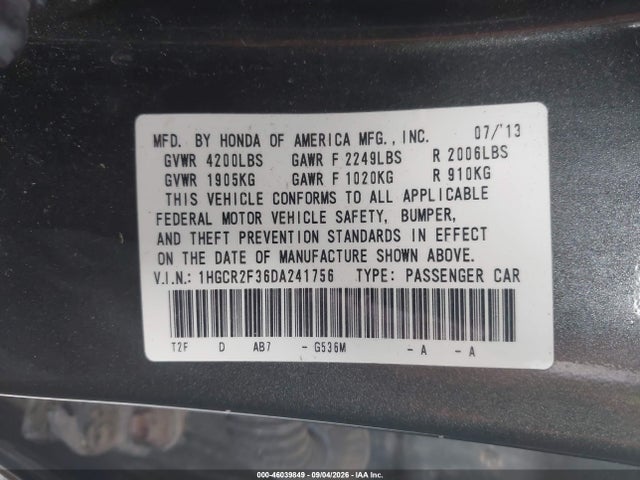 46039849 :رقم المزاد ، 1HGCR2F36DA241756 vin ، 2013 Honda Accord Lx مزاد بيع