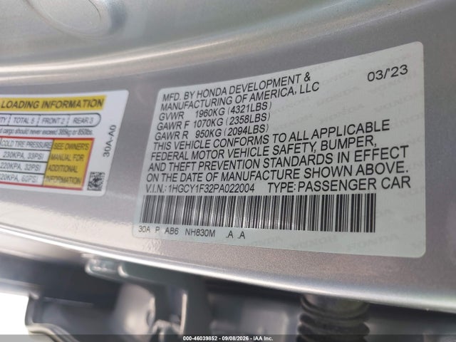 Продаж на аукціоні авто 2023 Honda Accord Ex, vin: 1HGCY1F32PA022004, номер лоту: 46039852