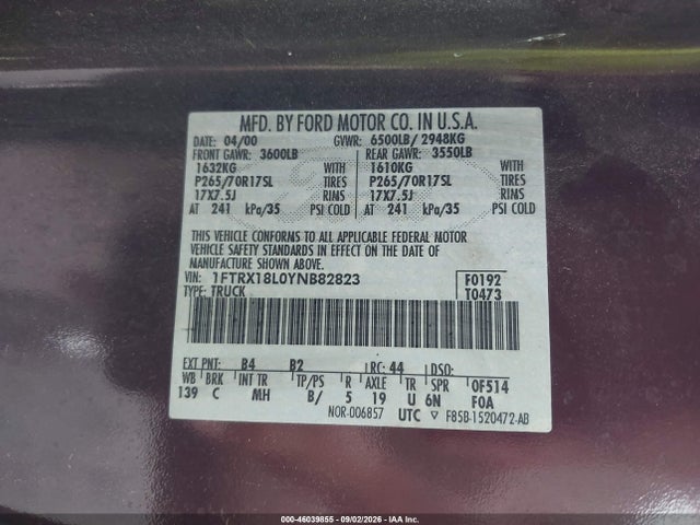 46039855 :رقم المزاد ، 1FTRX18L0YNB82823 vin ، 2000 Ford F-150 Lariat/work Series/xl/xlt مزاد بيع