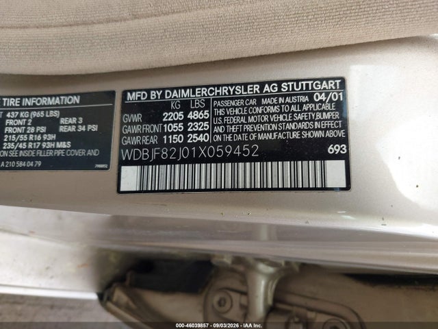Продаж на аукціоні авто 2001 Mercedes-benz E 320 4m, vin: WDBJF82J01X059452, номер лоту: 46039857