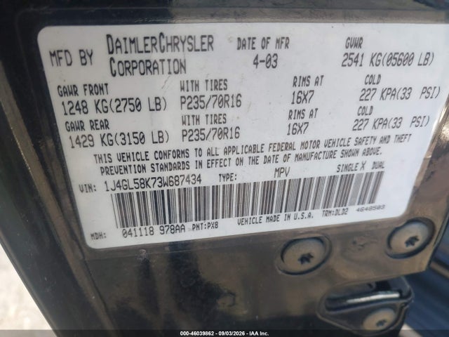 Aukcja sprzedaży 2003 Jeep Liberty Limited Edition, vin: 1J4GL58K73W687434, numer aukcji: 46039862