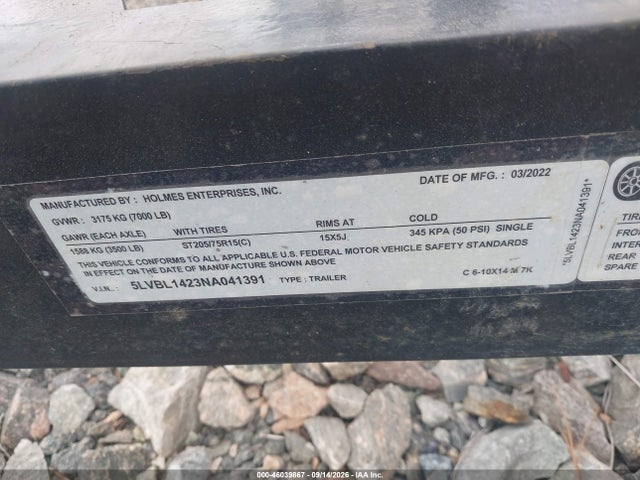 Продаж на аукціоні авто 2022 Holmes Enterprises 14' Utility, vin: 5LVBL1423NA041391, номер лоту: 46039867