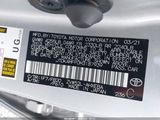 Продаж на аукціоні авто 2021 Toyota Prius Prime Le, vin: JTDKAMFP0M3187939, номер лоту: 46039871