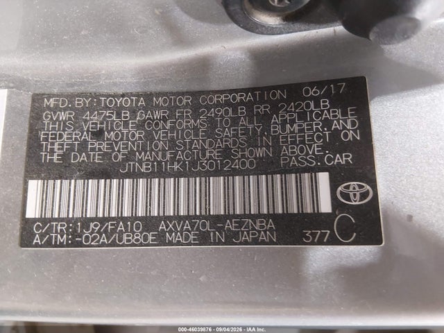 Продаж на аукціоні авто 2018 Toyota Camry Le, vin: JTNB11HK1J3012400, номер лоту: 46039876