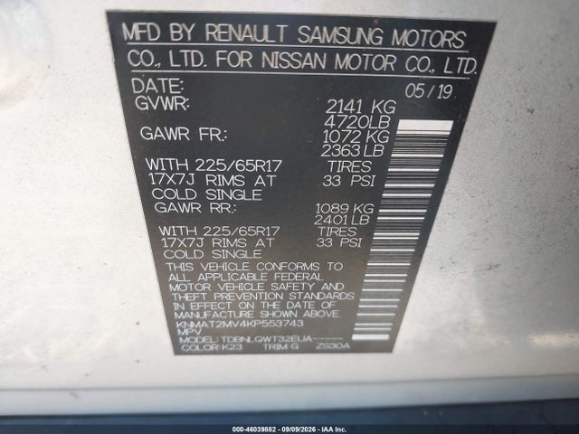 Aukcja sprzedaży 2019 Nissan Rogue S/sv, vin: KNMAT2MV4KP553743, numer aukcji: 46039882