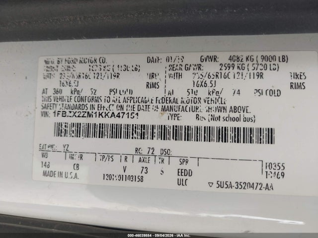 Продаж на аукціоні авто 2019 Ford Transit-350 Xlt, vin: 1FBZX2ZM1KKA47151, номер лоту: 46039884