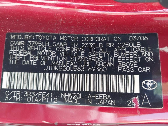 46039885 :رقم المزاد ، JTDKB20U563169360 vin ، 2006 Toyota Prius مزاد بيع