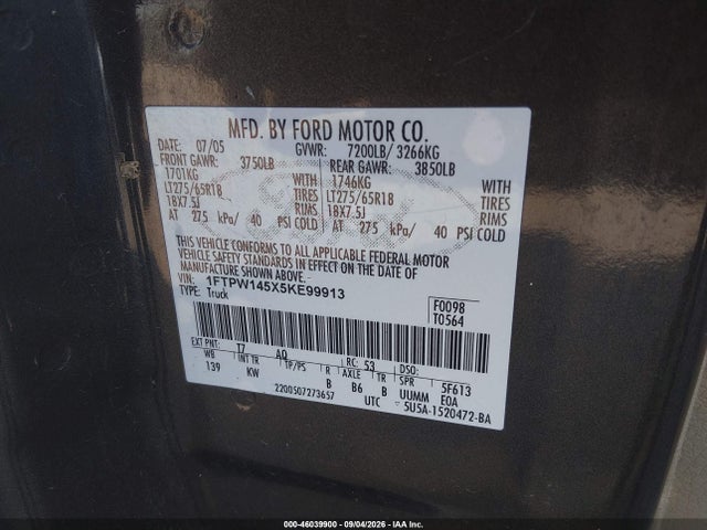 Aukcja sprzedaży 2005 Ford F-150 Fx4/lariat/xlt, vin: 1FTPW145X5KE99913, numer aukcji: 46039900