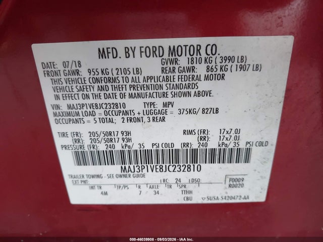46039908 :رقم المزاد ، MAJ3P1VE8JC232810 vin ، 2018 Ford Ecosport Titanium مزاد بيع
