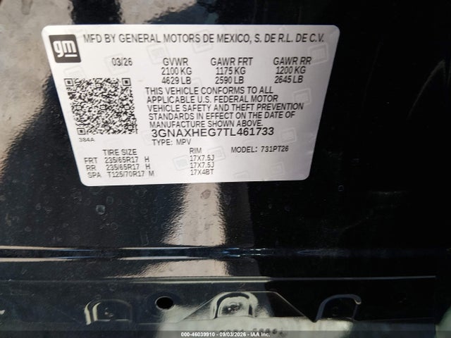 46039910 :رقم المزاد ، 3GNAXHEG7TL461733 vin ، 2026 Chevrolet Equinox Fwd Lt مزاد بيع