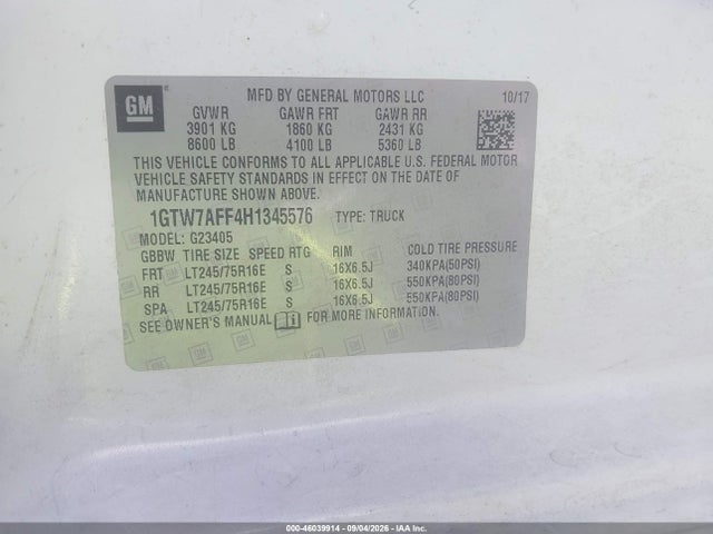 Продаж на аукціоні авто 2017 Gmc Savana 2500 Work Van, vin: 1GTW7AFF4H1345576, номер лоту: 46039914