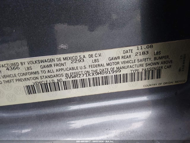 2009 Volkswagen Jetta Se მანქანა იყიდება აუქციონზე, vin: 3VWRZ71KX9M091999, აუქციონის ნომერი: 46039917