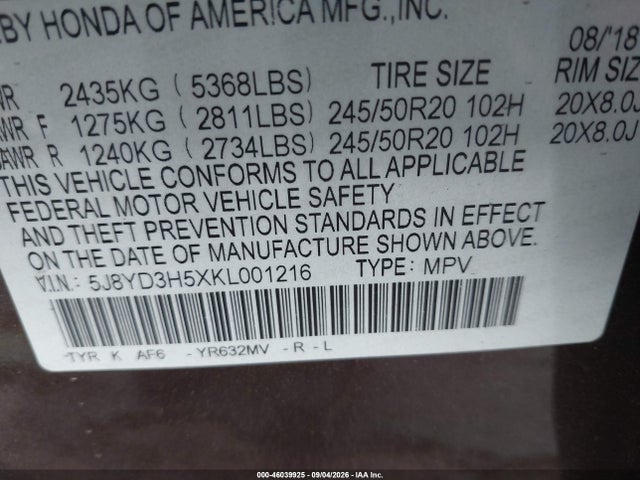 Продажа на аукционе авто 2019 Acura Mdx Tech Pkg, vin: 5J8YD3H5XKL001216, номер лота: 46039925