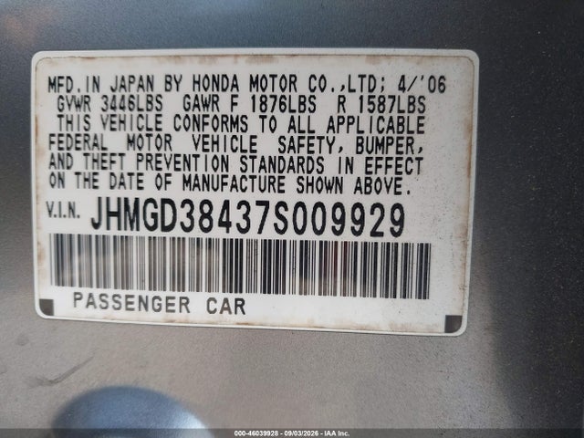 46039928 :رقم المزاد ، JHMGD38437S009929 vin ، 2007 Honda Fit مزاد بيع