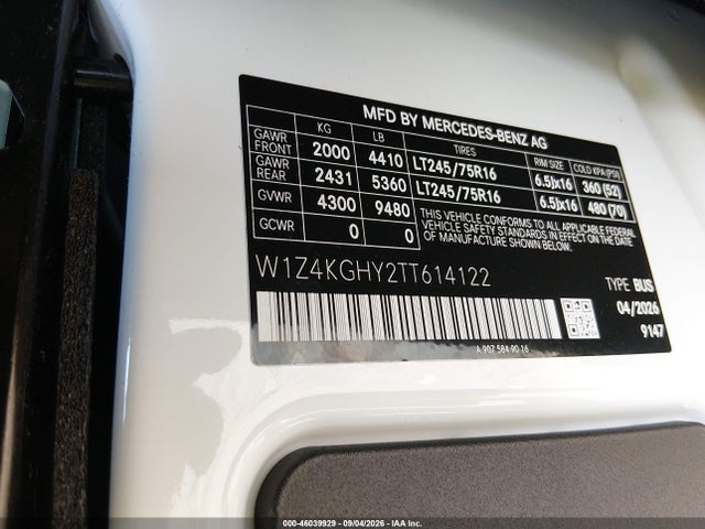 Aukcja sprzedaży 2026 Mercedes-benz Sprinter 2500 High Roof 4-cyl Diesel, vin: W1Z4KGHY2TT614122, numer aukcji: 46039929