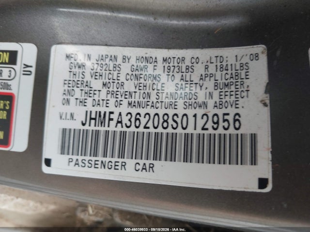 Aukcja sprzedaży 2008 Honda Civic Hybrid, vin: JHMFA36208S012956, numer aukcji: 46039933