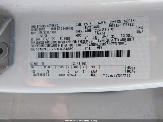 Aukcja sprzedaży 2017 Ford Escape S, vin: 1FMCU0F76HUC54589, numer aukcji: 46039934