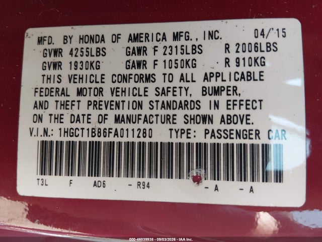 Продажа на аукционе авто 2015 Honda Accord Ex-l, vin: 1HGCT1B86FA011280, номер лота: 46039938
