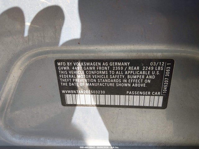 2013 Volkswagen Cc 2.0t Sport მანქანა იყიდება აუქციონზე, vin: WVWBN7AN2DE503230, აუქციონის ნომერი: 46039943