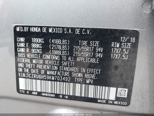46039944 :رقم المزاد ، 3CZRU6H59KM703492 vin ، 2019 Honda Hr-v Ex مزاد بيع