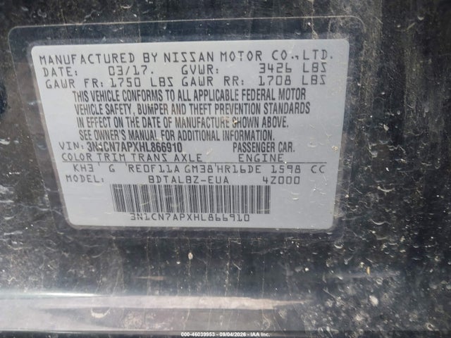 Продажа на аукционе авто 2017 Nissan Versa 1.6 Sv, vin: 3N1CN7APXHL866910, номер лота: 46039953