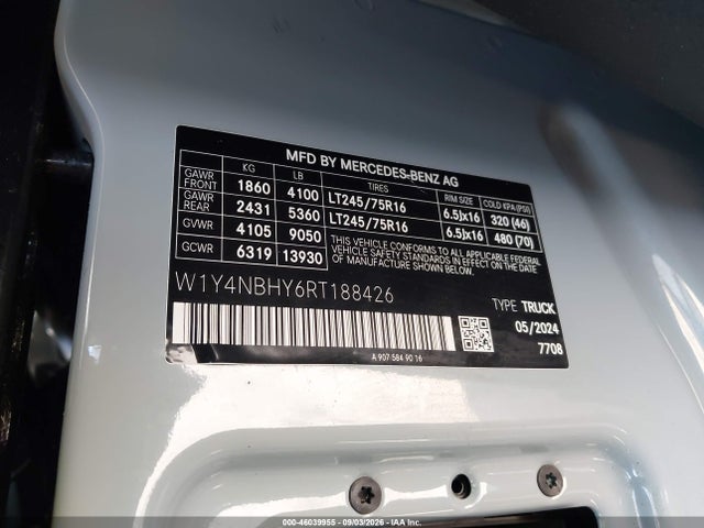 2024 Mercedes-benz Sprinter 2500 Standard Roof 4-cyl Diesel Ho მანქანა იყიდება აუქციონზე, vin: W1Y4NBHY6RT188426, აუქციონის ნომერი: 46039955