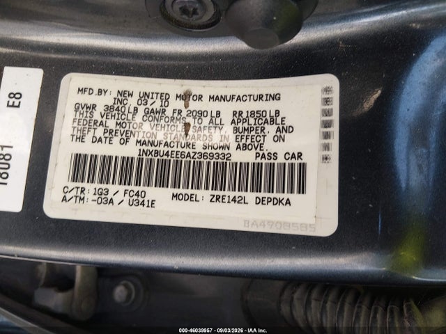 Продажа на аукционе авто 2010 Toyota Corolla Le, vin: 1NXBU4EE6AZ369332, номер лота: 46039957