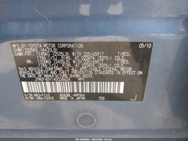 46039964 :رقم المزاد ، JTMZF4DV1A5028624 vin ، 2010 Toyota Rav4 مزاد بيع