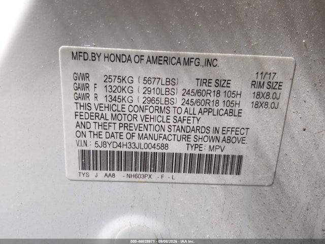 46039971 :رقم المزاد ، 5J8YD4H33JL004588 vin ، 2018 Acura Mdx مزاد بيع