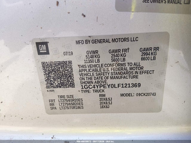 46039972 :رقم المزاد ، 1GC4YPEY0LF121369 vin ، 2020 Chevrolet Silverado 2500hd مزاد بيع