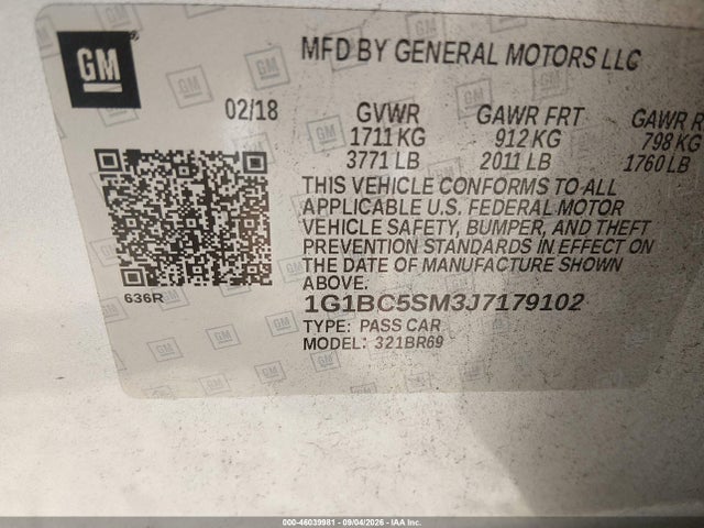 Продаж на аукціоні авто 2018 Chevrolet Cruze Ls Auto, vin: 1G1BC5SM3J7179102, номер лоту: 46039981