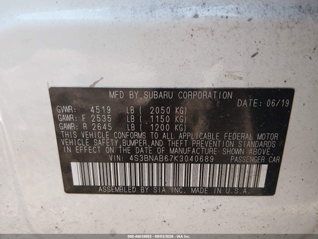 Продажа на аукционе авто 2019 Subaru Legacy 2.5i, vin: 4S3BNAB67K3040689, номер лота: 46039982