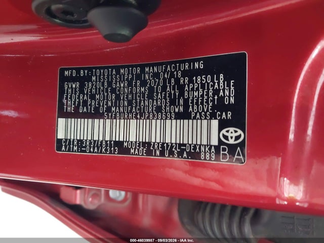 Aukcja sprzedaży 2018 Toyota Corolla Le, vin: 5YFBURHE4JP838699, numer aukcji: 46039987