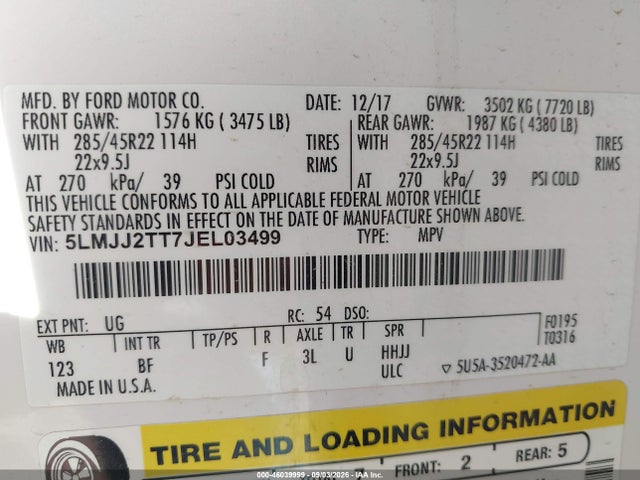 Продаж на аукціоні авто 2018 Lincoln Navigator Black Label, vin: 5LMJJ2TT7JEL03499, номер лоту: 46039999