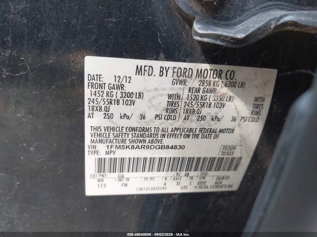 46040006 :رقم المزاد ، 1FM5K8AR9DGB84830 vin ، 2013 Ford Utility Police Interceptor مزاد بيع
