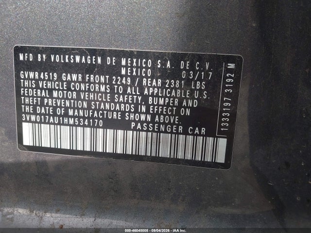 Продаж на аукціоні авто 2017 Volkswagen Golf Sportwagen Tsi S, vin: 3VW017AU1HM534170, номер лоту: 46040008